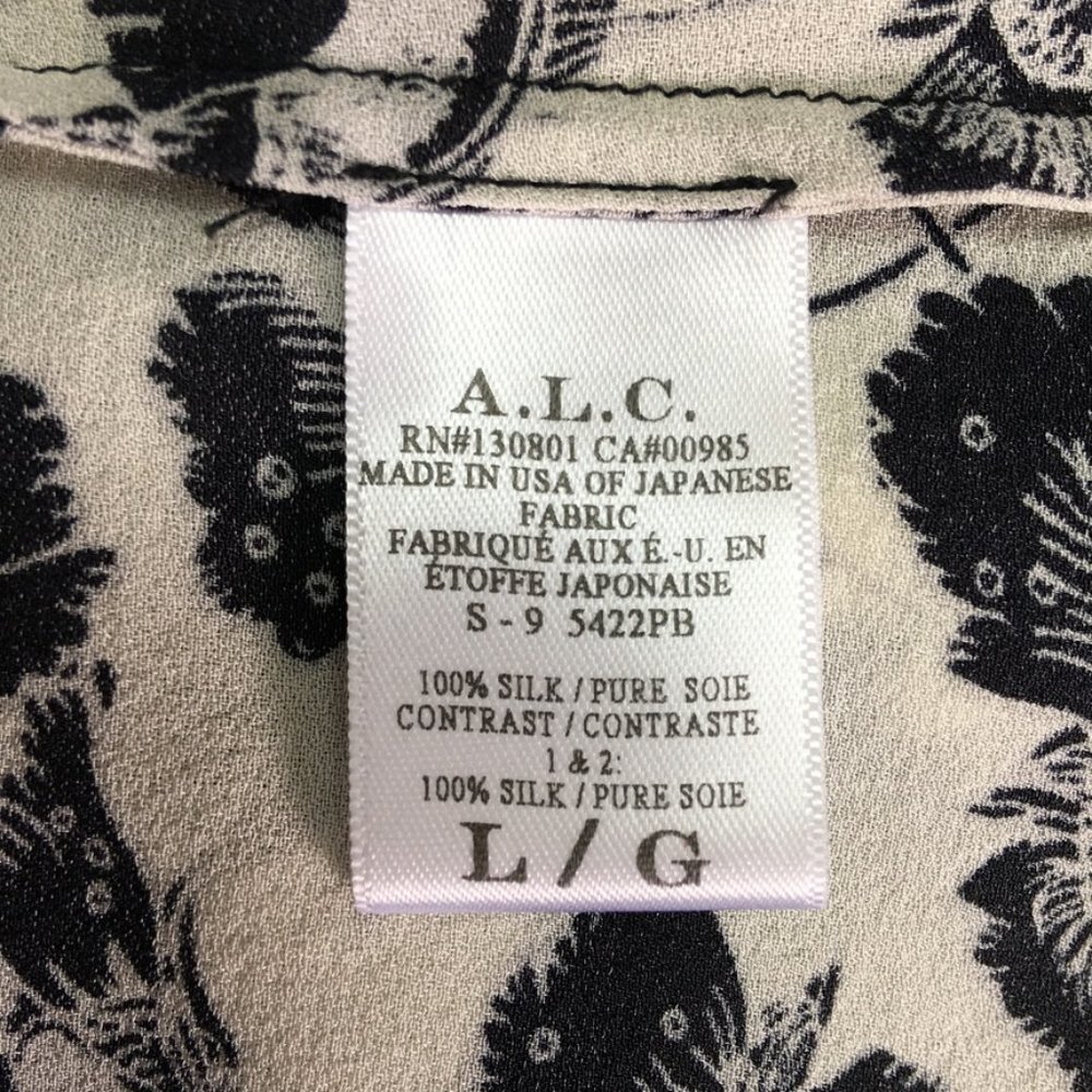 A.L.C. Women's Black White Floral Short Sleeve 100% Silk Crew Blouse Size Large - Picture 13 of 14